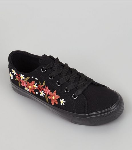 Teens Black Canvas Floral Embroidered Trainers | New Look
