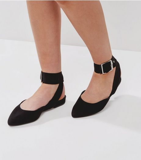 Wide Fit Black Suedette Buckle Strap Pointed Pumps | New Look