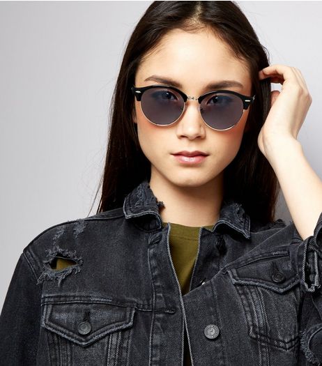Black Round Half Frame Sunglasses | New Look