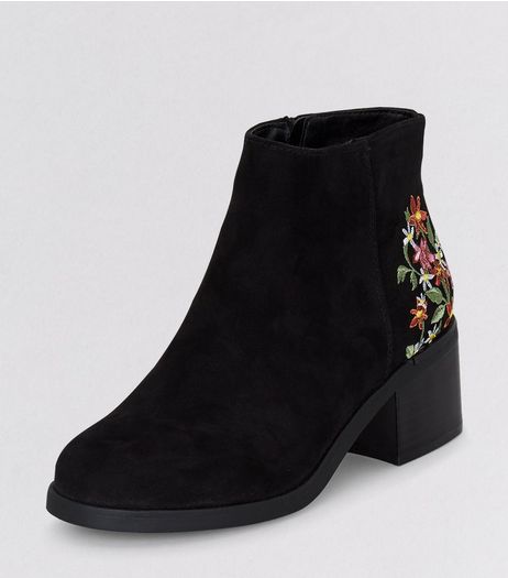 Teens Black Suedette Floral Embroidered Block Heel Boots | New Look