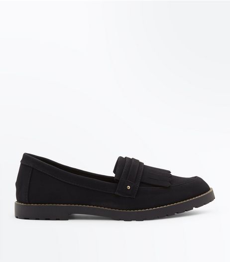 Black Fringe Front Loafers | New Look