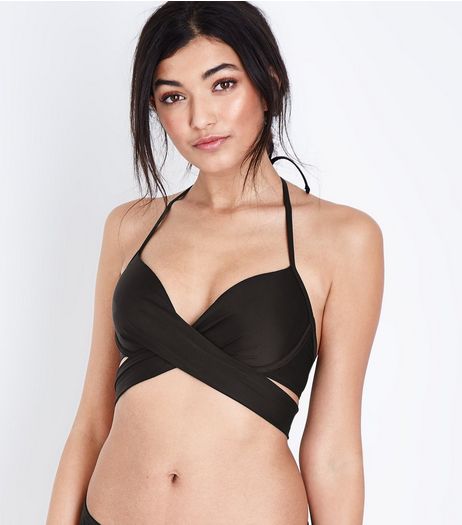 Black Plunge Wrap Underwired Bikini Top | New Look