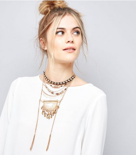 Gold Layered Tassel Beaded Necklace | New Look