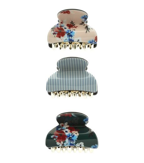 3 Blue Floral and Stripe Print Mini Bulldog Clips | New Look