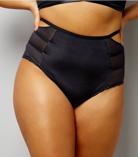 Curves Black Mesh Panel Lace Trim High Waist Briefs | New Look