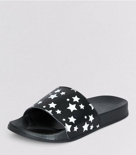 Teens Black Star Print Sliders | New Look