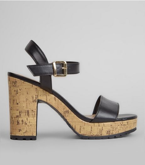 Black Cork Heel Cleated Sole Sandals | New Look