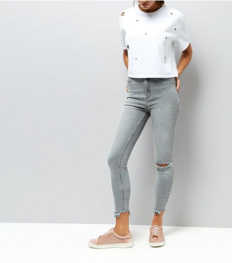 Grey High Waist Ripped Knee Skinny Hallie Jeans | New Look