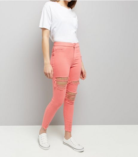 Coral Ripped Skinny Hallie Jeans | New Look