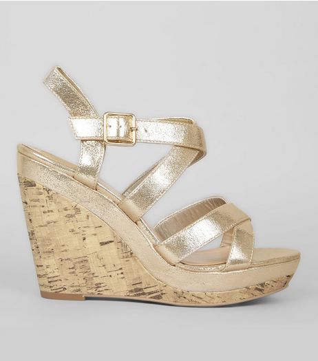 Gold Multi Strap Cork Wedge Heels | New Look