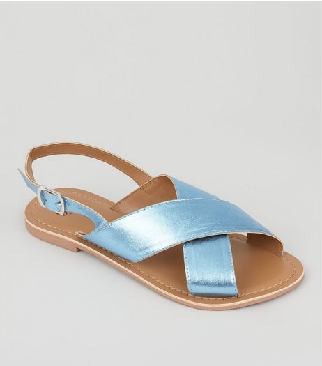 Teens Blue Metallic Leather Cross Strap Sandals | New Look