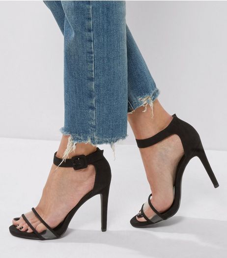 Black Suedette Clear Front Ankle Strap Heels | New Look