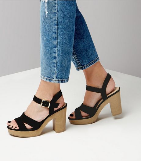 Black Suedette Double Strap Contrast Heels | New Look