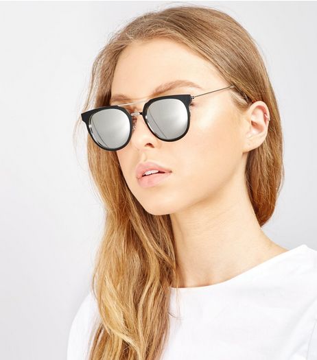 Black Double Bar Mirror Lens Sunglasses | New Look