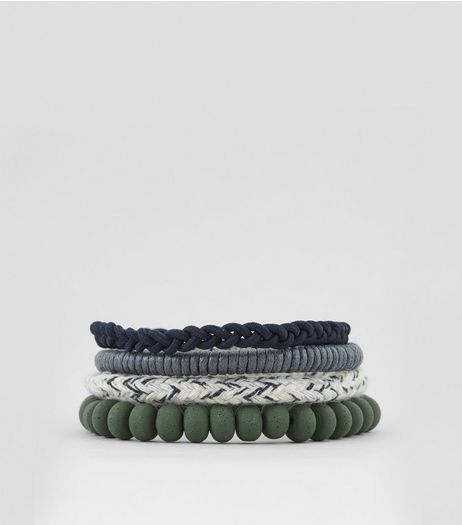 4 Pack Green Woven Beaded Bracelets | New Look