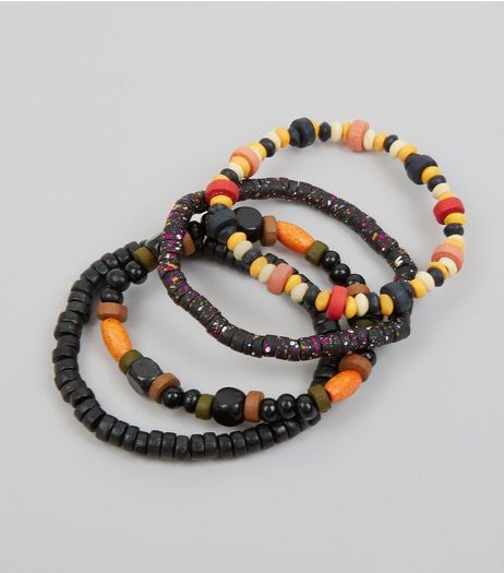 5 Pack Black and Multi Coloured Wooden Bead Bracelets | New Look