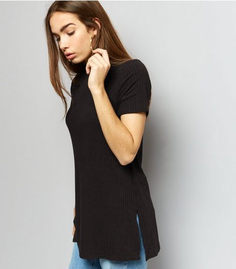 Black Ribbed Short Sleeve Longline T-Shirt | New Look