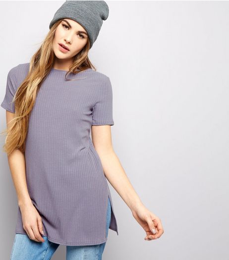 Lilac Ribbed Short Sleeve Longline T-Shirt | New Look