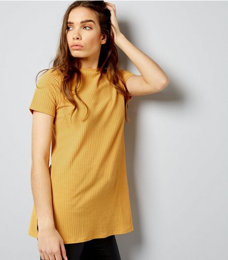 Yellow Ribbed Short Sleeve Longline T-Shirt | New Look