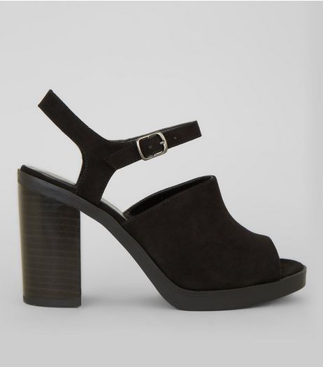 Black Suedette Peep Toe Chunky Heels | New Look