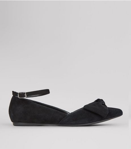 Wide Fit Black Suede Bow Front Ankle Strap Pumps | New Look
