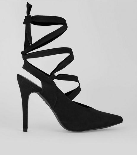 Black Suedette Tie Up Pointed Heels | New Look