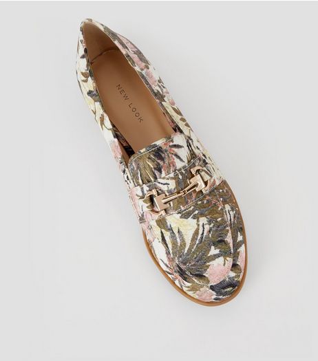 Cream Banana Leaf Jacquard Loafers | New Look