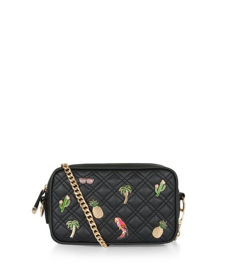 Black Quilted Tropical Pin Camera Bag | New Look
