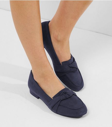 Wide Fit Navy Suedette Knot Front Loafers | New Look
