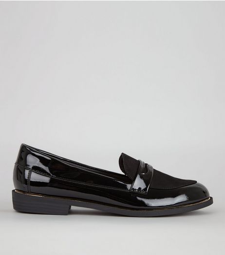 Wide Fit Black Patent Metal Trim Loafers | New Look
