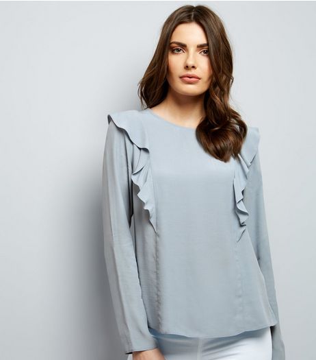 Pale Blue Frill Trim Long Sleeve Top | New Look