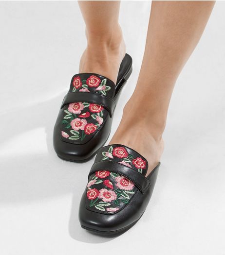 Black Floral Embroidered Mules | New Look