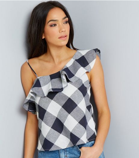 Blue Vanilla Navy Check Asymmetric Frill Trim Top | New Look