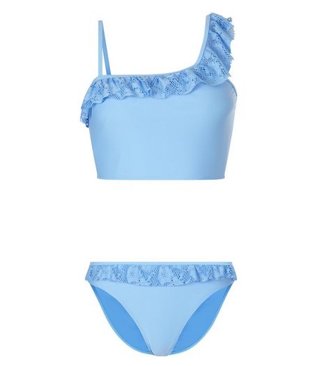 Teens Pale Blue Asymmetric Crochet Lace Trim Tankini | New Look