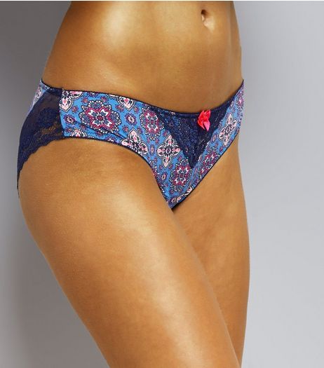 Blue Tile Print Lace Back Brazilian Briefs | New Look