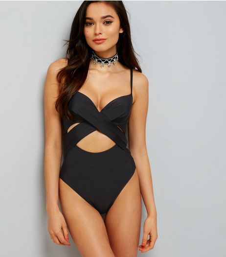 Black Cut Out Wrap Front Swimsuit | New Look