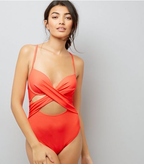 Coral Cut Out Wrap Front Swimsuit | New Look