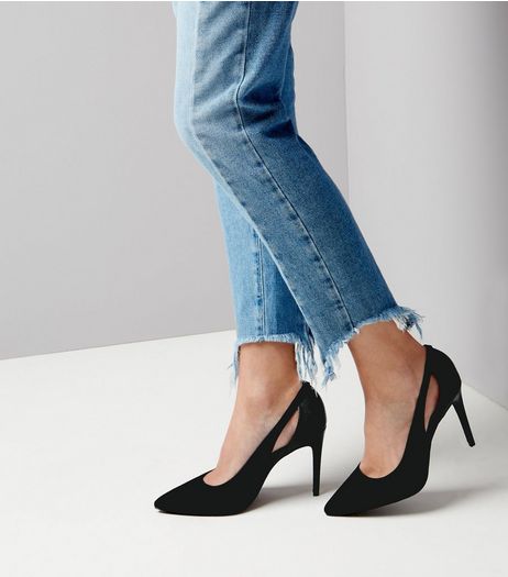 Black Suedette Cut Out Snakeskin Texture Court Shoes | New Look