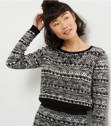 Blue Vanilla Black Crystal Embellished Fairisle Jumper | New Look