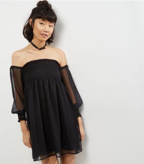 Blue Vanilla Black Chiffon Shirred Bardot Neck Dress | New Look