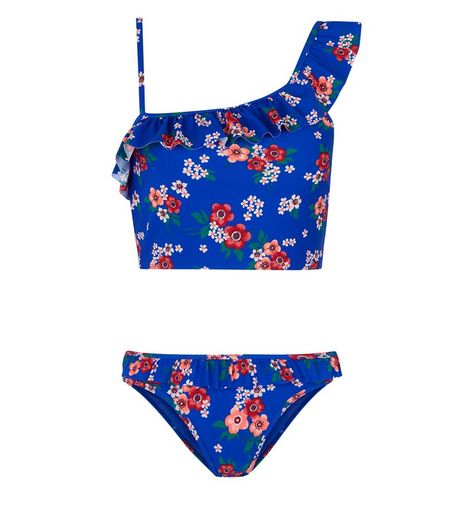 Teens Blue Lace One Shoulder Frill Trim Tankini | New Look