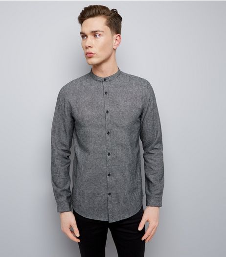 Black Check Grandad Collar Long Sleeve Shirt | New Look