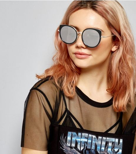 Black Retro Cat Eye Mirrored Sunglasses | New Look