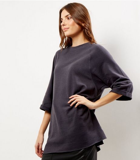 Dark Grey Seam Trim 3/4 Sleeve Oversized Top | New Look