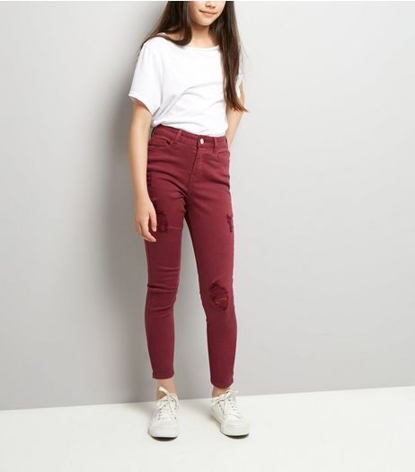 Teens Burgundy Ripped Skinny Jeans | New Look