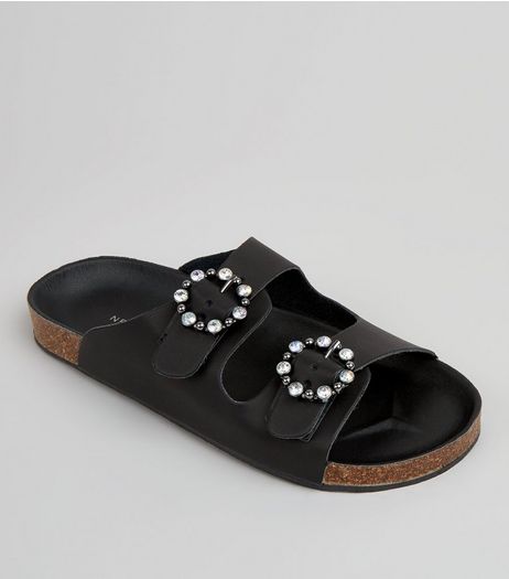 Black Diamante Ring Double Strap Footbed Sandals | New Look