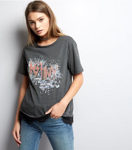Dark Grey Spliced Destiny Print Lace Hem T-Shirt | New Look