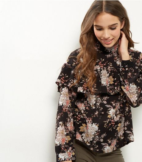 Influence Black Floral Print Frill Trim Top | New Look
