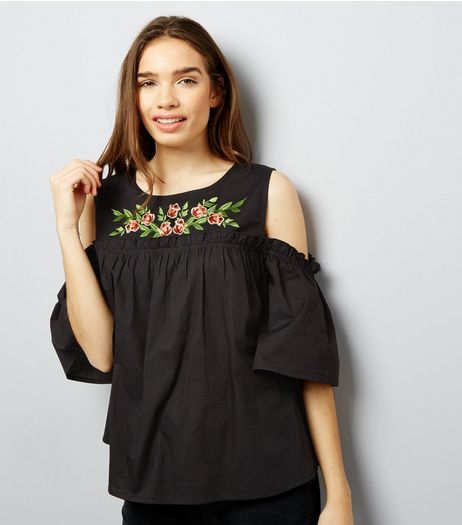 Influence Black Floral Embroidered Cold Shoulder Top | New Look