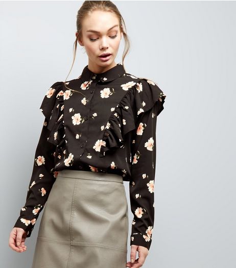 Influence Black Floral Print Frill Trim Shirt | New Look